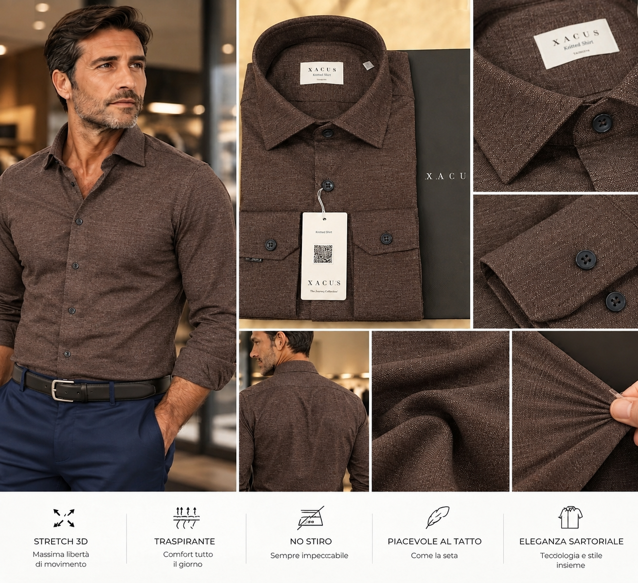 Camicia Xacus tessuto tecnico Active effetto Jersey marrone melange - immagine 3